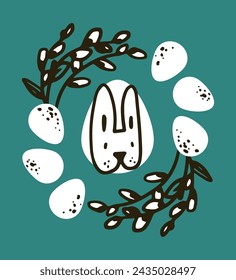 Easter wreath with willow branches and bird eggs. Easter card concept. White eggs speckled. Fluffy willow branches. Portrait of a cute bunny. Easter character.