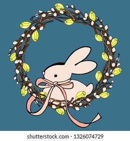 Easter wreath of willow branches and yellow flowers with a bunny. Vector doodle illustration in circle shape with branches with buds and flowers. Happy Easter card for baby, child