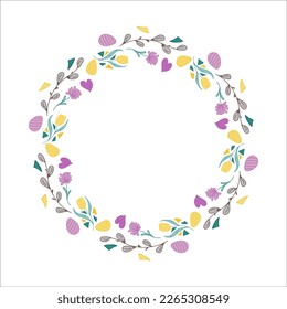 Easter wreath. Willow buds, flowers, heart, eggs. Doodle vector illustration. Design for card, bunner, cover, books, brochures, fabric, papers, notebook, fabric, scrapbooking.