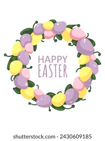 Easter wreath of yellow, pink and purple eggs as frame with cartoon-style Happy Easter text. Design for web use, printing and postcards.