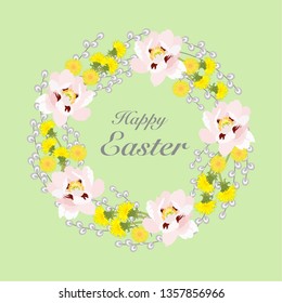 Easter wreath-frame with peonies, dandelions and willow twigs.