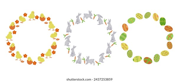 Guirnaldas de Pascua con huevos de Pascua, conejos y pollitos. Concepto de vacaciones de primavera. Elementos dibujados a mano esquemáticos sobre fondo blanco. Ideal para como plantilla para saludos, banner y fondo