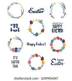 Easter wreaths or round frames of decorated patterned eggs for easter hunting; a  collection of hand drawn branches, flowers;in trendy style; a collection of  phrases Happy Easter; lettering; vector