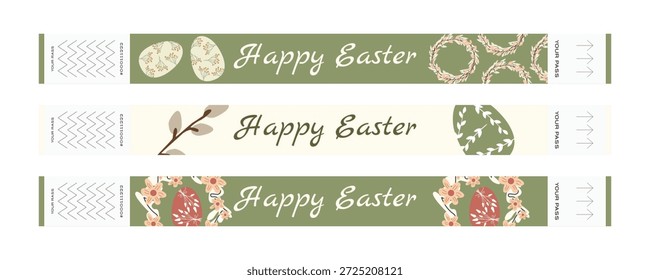 Conjunto de boletos de pulsera de Pascua con coronas florales de primavera, huevos y flores en estilo escandinavo
