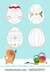 Easter writing practice with cute capybara. Easter eggs drawing. Education developing worksheet. Activity page.	