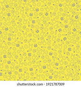 Easter yellow background vector seamless pattern with decorative eggs, bunny and carrot shapes. Easter holiday with trend colours, ultimate gray and illuminating background for website, wallpapers.