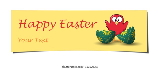 easter yellow banner with curled corner and red waving chicken behind broken egg and text
