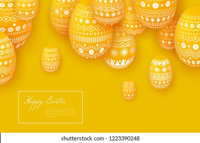 Easter yellow banner with painted Easter eggs decorated with ornament. Festive monochrome abstract background with place for text, vector illustration