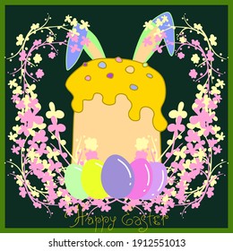 Ostergelber Kuchen mit bunten Eiern. Kaninchenähren und Blumenkranz. Schreiben. Square festliche, helle Vektorgrafik.