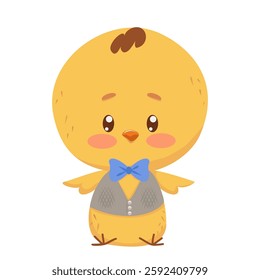 Easter yellow chicken in blue bow tie and gray vest. Cute little baby sits with his eyes wide open. Vector isolated drawing symbol of Christian spring Easter. Festive character, decoration, print