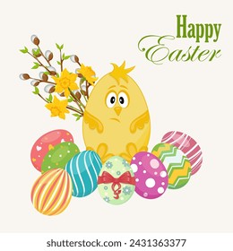 Easter yellow chicken with Easter colorful eggs. Spring elements. Easter symbols. Stock vector isolated on white background
