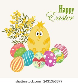 Easter yellow chicken with Easter colorful eggs. Spring elements. Easter symbols. Stock vector isolated on white background