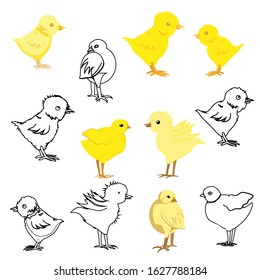 Easter yellow chickens. Spring holiday. Vector isolated objects.Hand drawing.