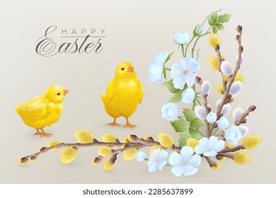 Easter yellow chicks with willow branches and beautiful spring flowers. Vintage retro background in watercolor style