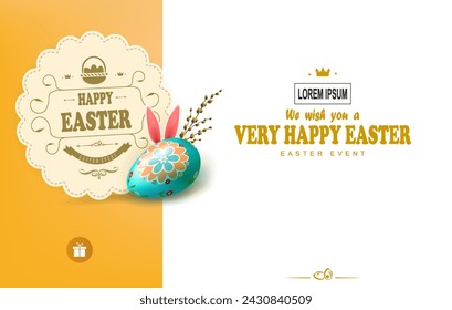 Easter yellow composition with egg, bunny ears and a round frame.