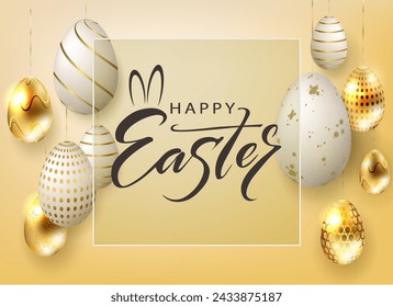 Composición amarillo de Pascua con oro brillante y huevos blancos en colgantes.