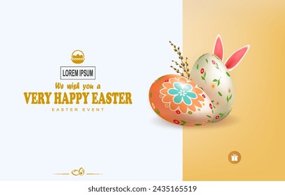 Ostergelbe Komposition mit zwei Eiern und Kaninchenohren, eine Broschüre.