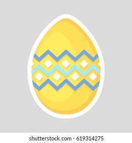 Easter yellow egg icon isolated on a gray background. Volumetric with a white outline, with colored contrasting ornament of  zig zag line and rhombus. Vector Illustration. Spring holiday.