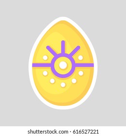 Easter yellow egg isolated on a gray background. Volumetric with a white outline, with a colored contrast ornament of a circle, segments and dots. Vector Illustration.