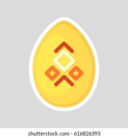 Easter yellow egg isolated on a gray background. Volumetric with a white outline, with colored contrasting ornament of rhombus, line and points. Vector Illustration. Spring holiday.