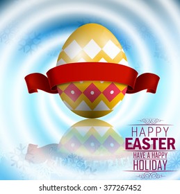 Easter yellow egg with red ribbon on white swirls background. Vector