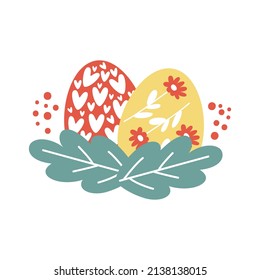 Easter yellow and red egg with flowers in leaves. Vector illustration