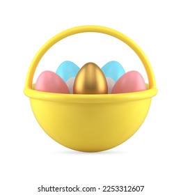 Easter yellow rounded basket with handle filled painted colored chicken eggs holiday festive decor 3d icon realistic vector illustration. Spiritual Christianity traditional gift decorative art design