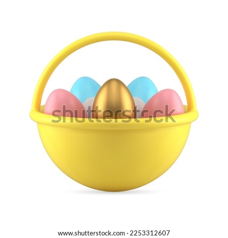 Easter yellow rounded basket with handle filled painted colored chicken eggs holiday festive decor 3d icon realistic vector illustration. Spiritual Christianity traditional gift decorative art design