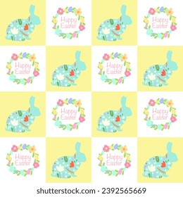 Easter yellow and white pattern. Easter bunny and wreath background. Happy Easter. Holiday decoration, invitation. Banner, brochure, poster, card, textile. Vector illustration.
