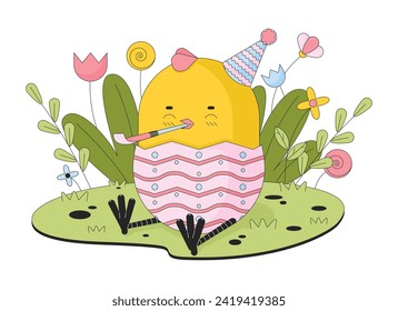 El concepto de ilustración lineal 2D del partido de gallina joven de Pascua. Celebrando al personaje de caricatura de cumpleaños de polluelos aislado en blanco. Pájaro de Eastertide en la metáfora de césped abstracto de contorno de vector plano gráfico