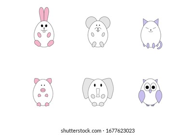 Easter zoo icons set. The basis is the shape of an egg. Contains easter bunny, mouse, cat, pig, elephant and owl. Editable Stroke.