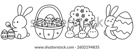 An Easter,Cute bunnies coloring eggs, basket filled with decorated eggs, and tree with flowers create joyful Easter scene