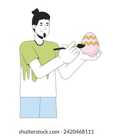 Easter-egg painting man adult caucasian 2D linear cartoon character. Holding egg happy guy isolated line vector person white background. Easteregg eastertide custom color flat spot illustration