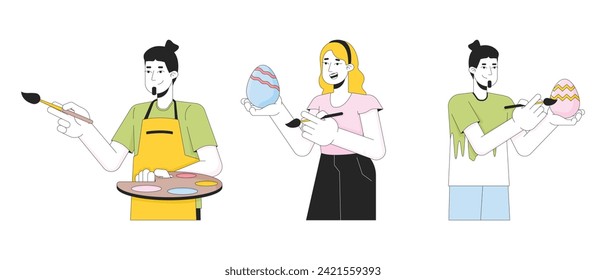 Easter-eggs painting adults 2D linear cartoon characters set. Caucasian woman, men isolated line vector people white background. Preparation holiday Eastertide color flat spot illustrations collection