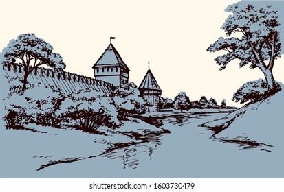 Eastern aged royal house autumn country scenic isolated white sky view. East past arab rock wall dome ruin on hill scene at pond. Line black hand drawn travel tourism picture in art retro sketch style