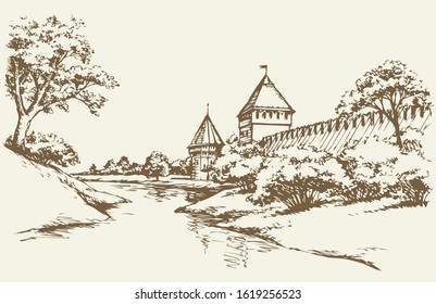 Eastern aged royal house autumn country scenic isolated white sky view. East past arab rock wall dome ruin on hill scene at pond. Line black hand drawn travel tourism picture in art retro sketch style