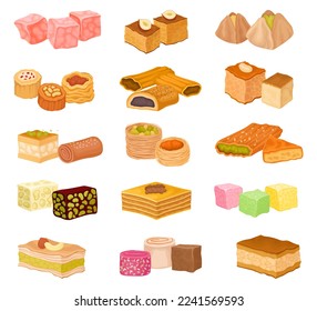 Eastern and Arabic Sweets with Famous Baklava and Rahat Lakoum Big Vector Set