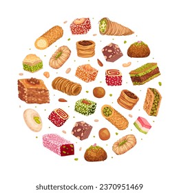 Eastern and Arabic Sweets Round Composition Design Vector Template