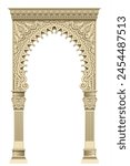 The Eastern arch of the mosaic. Carved architecture and classic columns. Indian style. Decorative architectural frame in vector graphics.