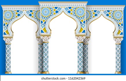 The Eastern arch of the mosaic. Carved architecture and classic columns. Indian style. Decorative architectural frame in vector graphics.