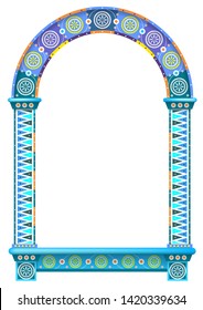 The Eastern arch of the mosaic. Carved architecture and classic columns. Indian arabic russian style. Decorative architectural frame in vector graphics.