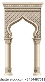 The Eastern arch of the mosaic. Carved architecture and classic columns. Indian style. Decorative architectural frame in vector graphics.