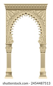 The Eastern arch of the mosaic. Carved architecture and classic columns. Indian style. Decorative architectural frame in vector graphics.