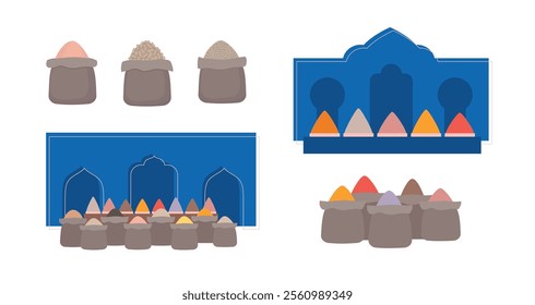 Eastern asian arabic spice market. Oriental bazaar elements vector illustration. Simple arabian shop.