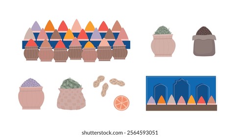 Eastern asian arabic spice market. Oriental bazaar elements vector illustration. Simple arabian shop with dry herbs, spices, nuts, fruit.