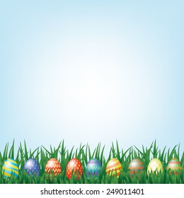 Eastern background with blue sky and eggs in grass