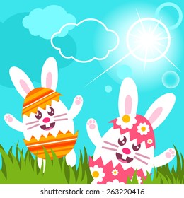 Eastern background with cute bunnies in broken Easter eggs on green grass