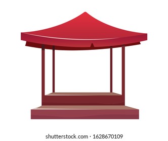 Eastern bazaar empty red tent cartoon vector illustration. Blank summer fair, marketplace counter with tent and table flat color object. Souk vitrine with awning, kiosk isolated on white
