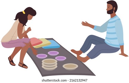 Eastern bazaar, indian seller sell pottery, bowls and plates. Woman shopper at asian street market with authentic goods. Local trade. Indian merchant marketplace. Male salesman sells handmade dishes