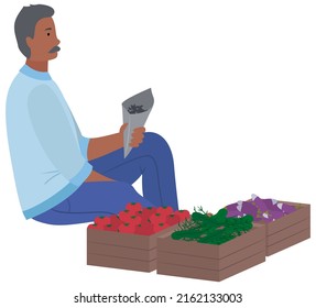 Eastern bazaar, indian seller sell vegetables, box with fruits. Tradesman at asian street market with authentic goods. Local trade. Indian merchant marketplace. Male salesman sells products